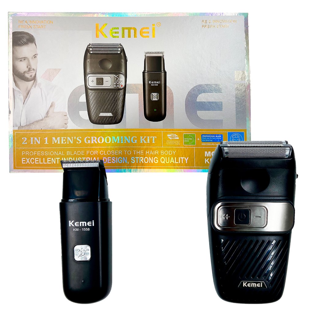 MÁQUINA KEMEI 2 EM 1 KM-1558 BIVOLT PORTATIL SHAVER TRIMMER PARA BARBA/CABEÇA ACABAMENTO/FINALIZAÇÃO POTENCIA 3/5 W em Oferta na Shopee