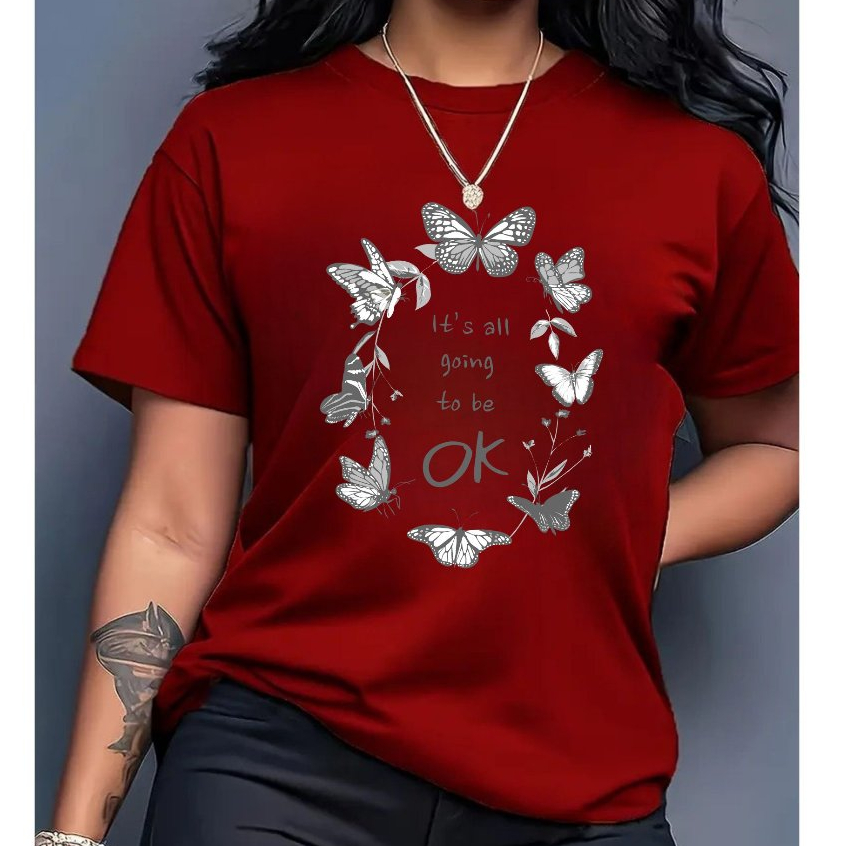 Camisa Blusinha Feminina Frase Borboletas Manga Curta Confortável em Oferta na Shopee