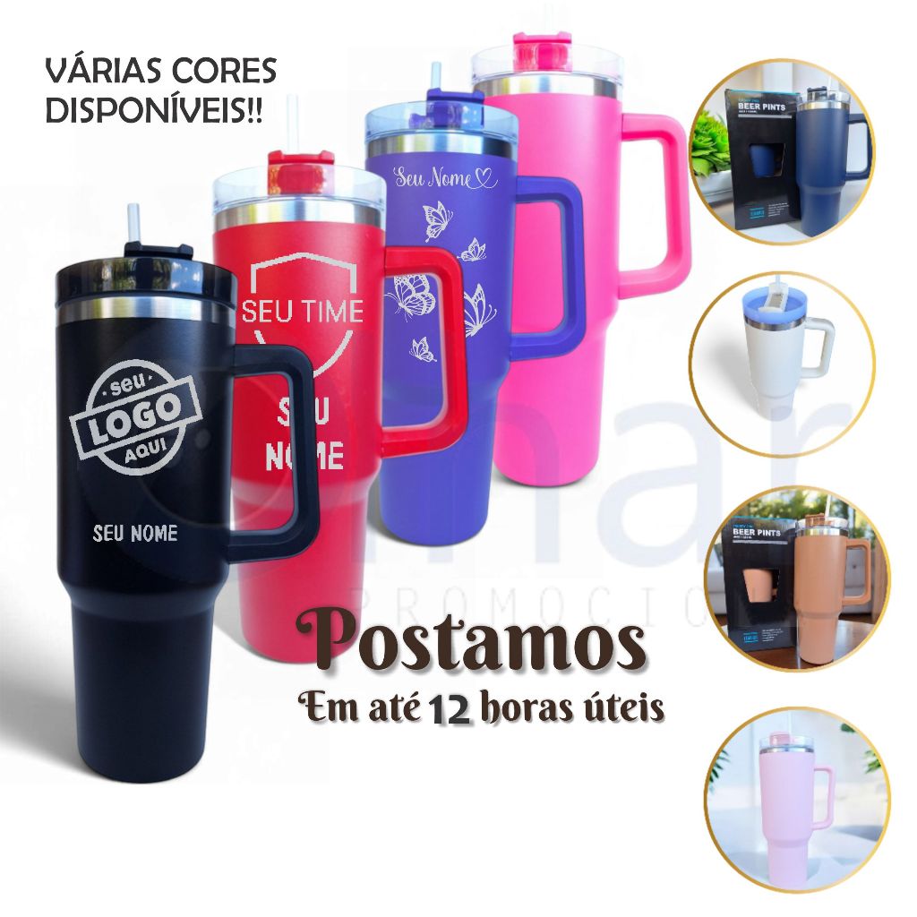 Copo Garrafa Térmico Personalizado Aço Inox com Nome Logo Time Símbolo Profissão com Tampa e Canudo CPN120