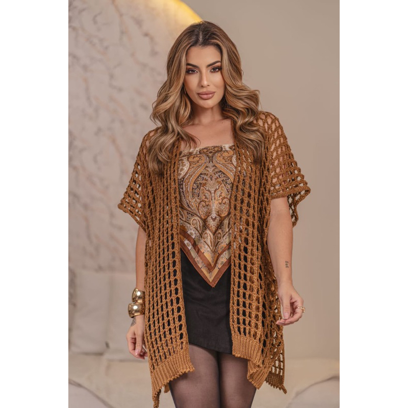 kimono Trico Acessório Terceira Peça Feminino Moda Quimono Boho Rendado Ponto Crochê Moda Chique