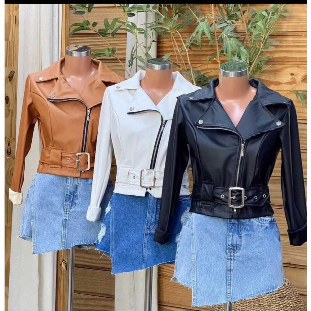 Jaqueta De Couro Feminina Com Zíper Elegante Inverno com cinto