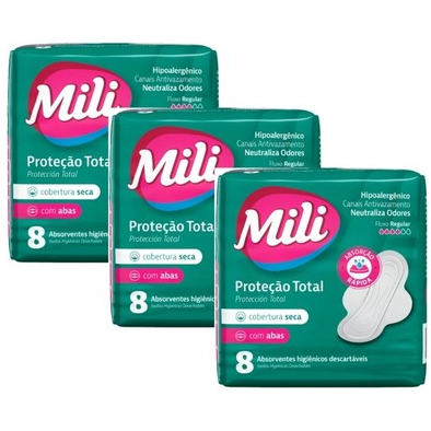 Absorvente Mili Proteção Total Cobertura Seca com Abas 8 unidades Kit com 03 unidades em Oferta na Shopee