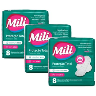 Absorvente Mili Proteção Total Cobertura Seca com Abas 8 unidades Kit com 03 unidades em Oferta na Shopee
