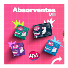 Absorvente Mili Proteção Total Cobertura Seca com Abas 8 unidades Kit com 03 unidades