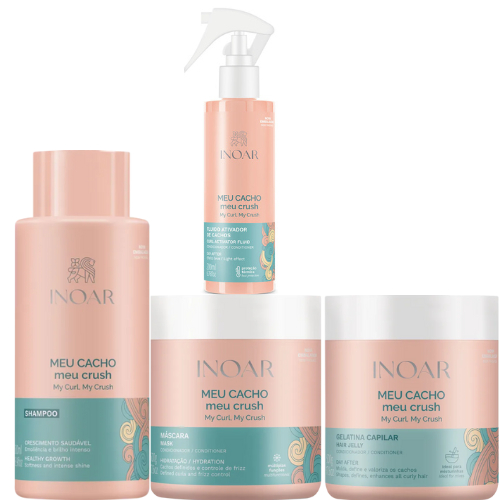 Kit Inoar Meu Cacho meu Crush Shampoo 500ml+Máscara 500gr+Gelatina 500gr+Fluido Ativador de Cachos 200ml