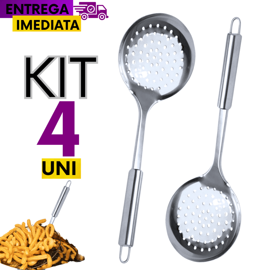 Jogo 04 Unidade  Kit Jogo Escumadeiras de Frituras Arroz  Inox Grande para Comidas Utensilio Cozinha