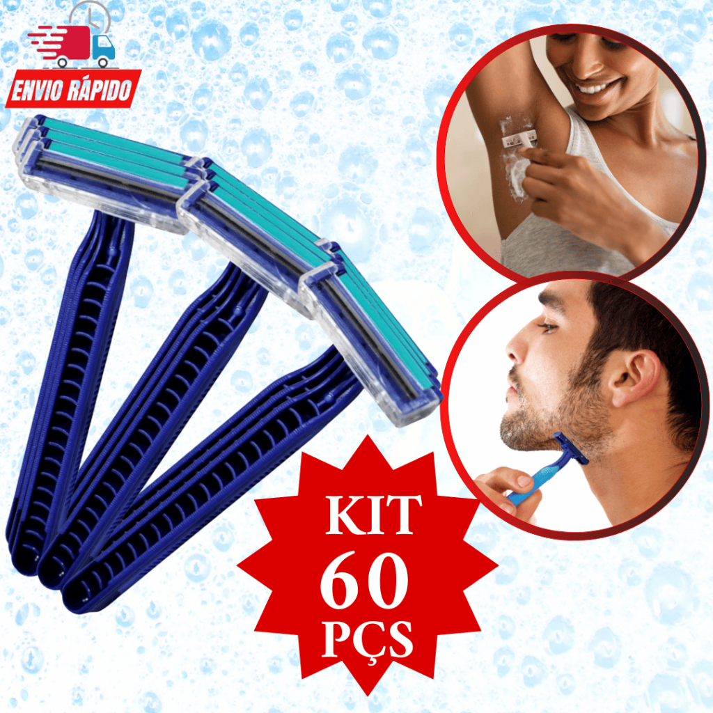 Barbeador 60 Peças Prestobarba Descartável 2 Lâminas Depilar Barbear Raspar Tipo Gillette Barbearia Promoção