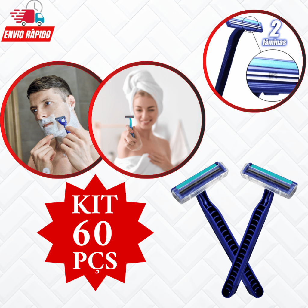Barbeador Descartável 60 Peças Prestobarba 2 Lâminas Depilar Barbear Raspar Pêlos Tipo Gillette Barbearia Promoção