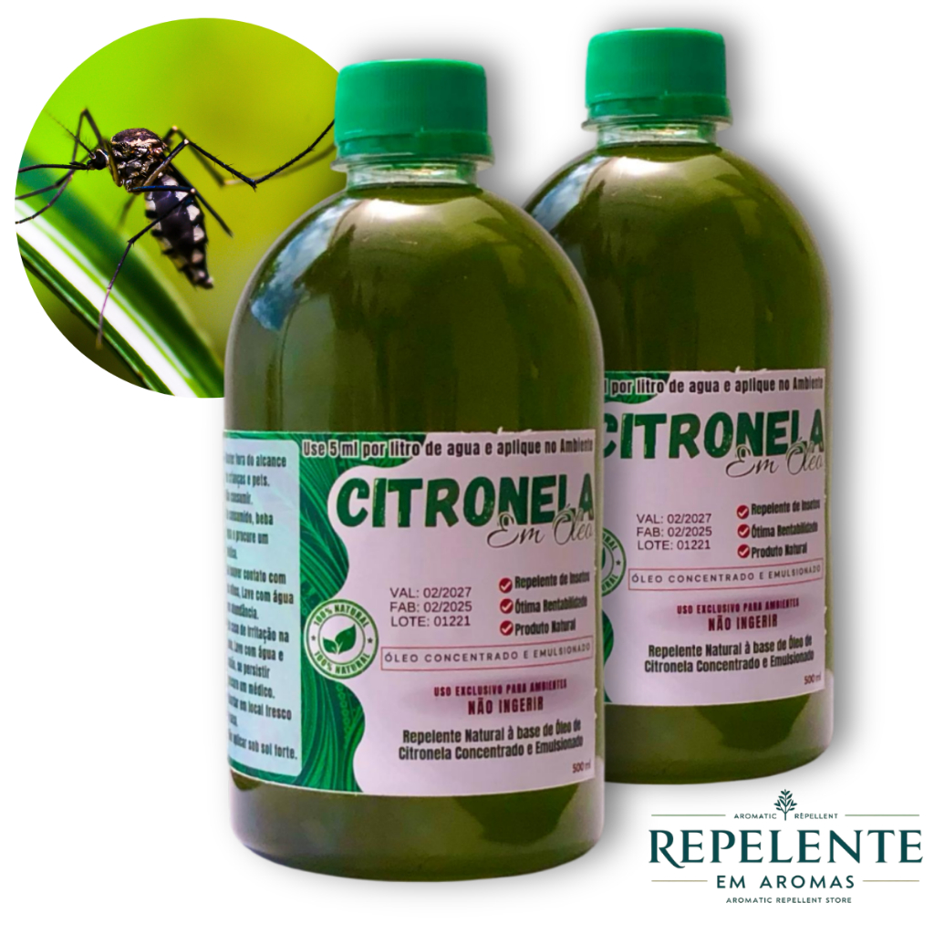 Óleo - Repelente de Citronela Concentrado -  2 x 500 ml rende 200 Litros de Repelente de Ambientes