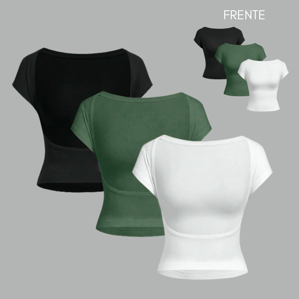 Kit 3 Blusas Costas Nuas Forrada Manga Curta Moda Gringa