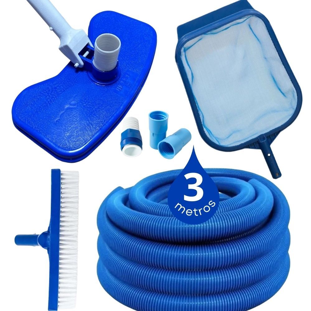 Kit Limpeza Piscina Aspirador + Peneira Grande + Escova Reta + Mangueira Flutuante + Adaptadores