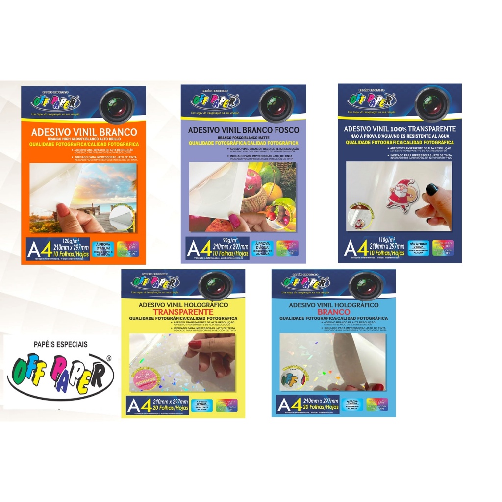 Kit Adesivo Vinil Branco Brilhoso, Fosco, Transparente, Holográfico e Holografico Branco A4