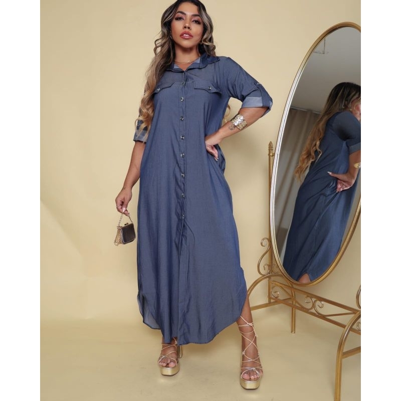 vestido femenino jeans chamise longo con botão con tecote en V
