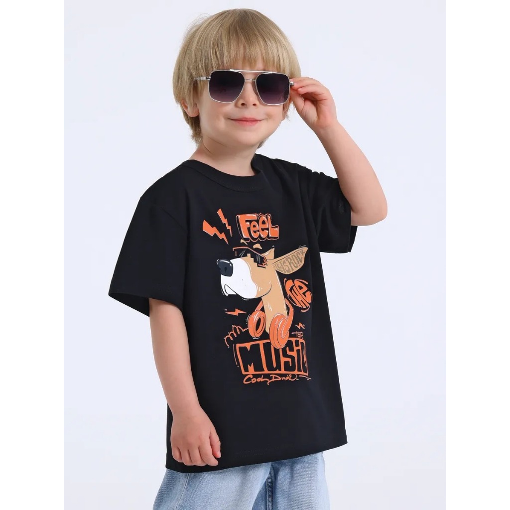 Camiseta Infantil Juvenil Estampada Cachorro Music Algodão Camisa Blusa Criança Escola Passeio
