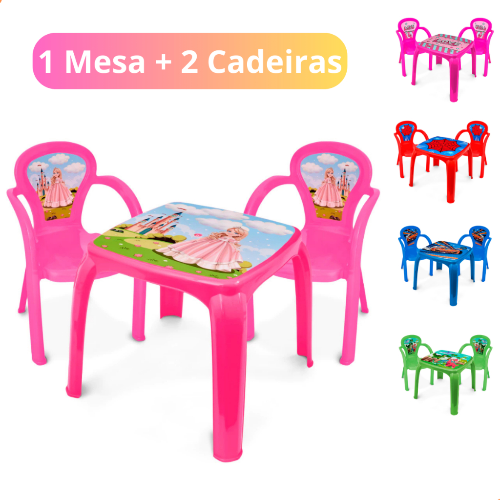 Kit Mesinha Infantil com 2 Cadeiras Menino Menina Estudo Lanchinho Brincadeiras Colorida em Oferta na Shopee