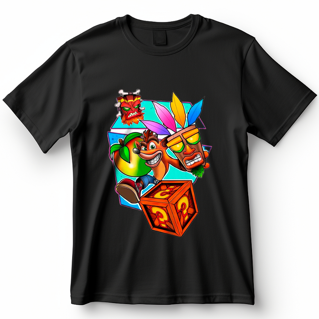 Camiseta Crash Bandicoot Adventure   Crash correndo com Aku Aku e uma caixa de interrogação Blusa Camisa 100% Algodão