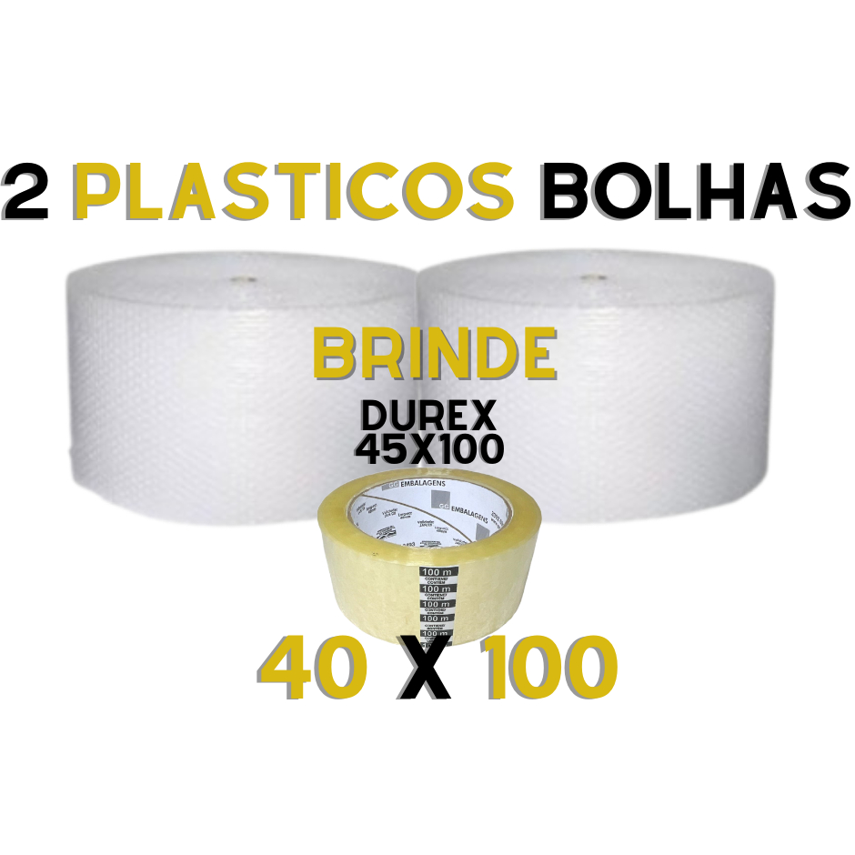 2 BobinaS Plástico Bolha 40 Cmx100 Metros 25 Micras Resistente - com 1 fita 48x100 TR - BRINDE -AF