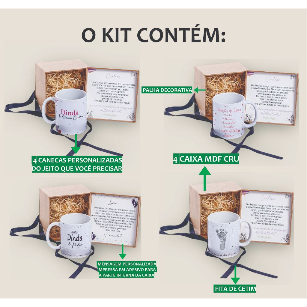 Kit Convite 4 Caneca Brinde Caixa MDF Dinda Dindo Batismo Personalizado Xícara em Oferta na Shopee