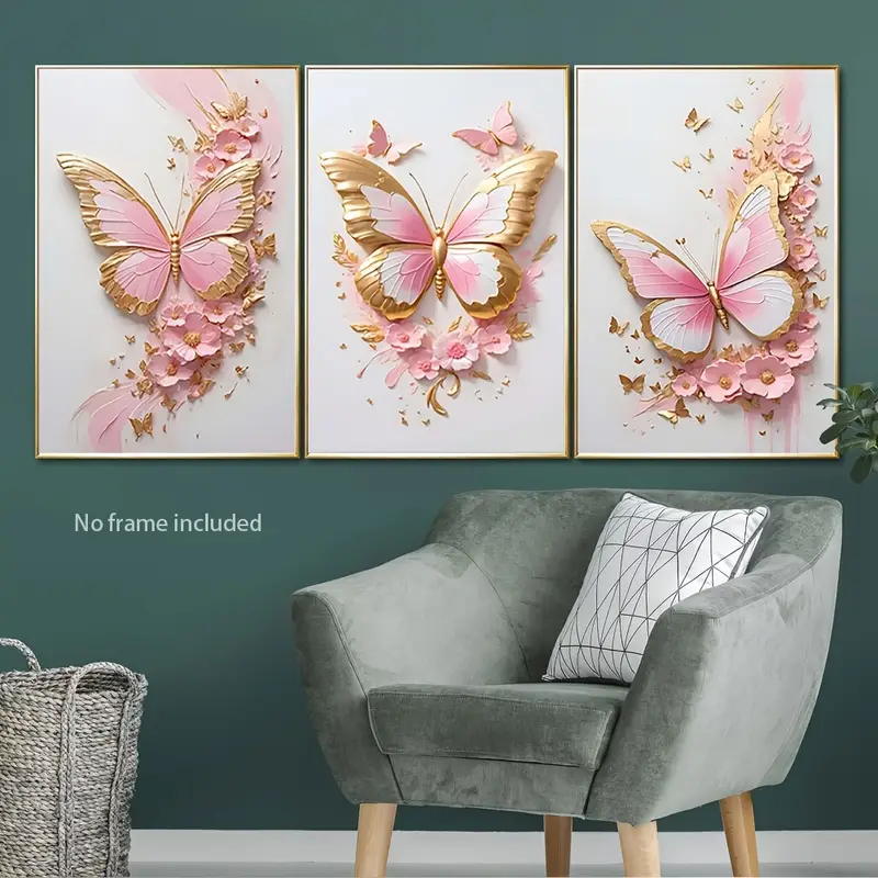 Kit 3 Quadros Decorativos Borboletas Rosas – Charme e Delicadeza para seu Ambiente