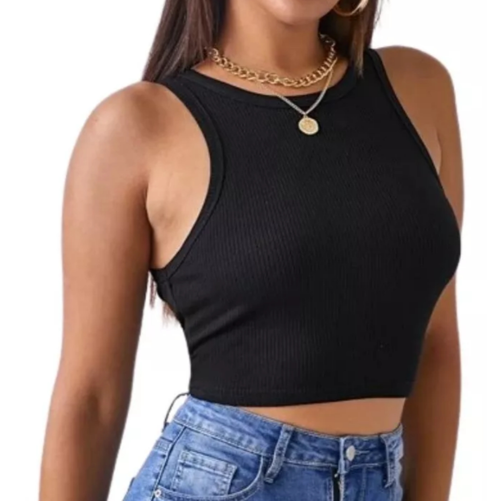 CROPPED REGATA CANELADA RIBANA BLUSA FEMININA - CORES PRETO E BRANCO