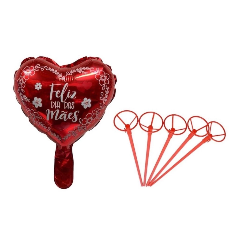 Kit 10 Balão Metalizado Coração Vermelho Feliz Dia Das Mães 30cm + Varetas Vermelho