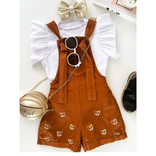 Conjunto Infantil Jardineira Macaquinho Jeans Bordado Ursinha C/Blusa Menina Blogueirinha Fashion em Oferta na Shopee