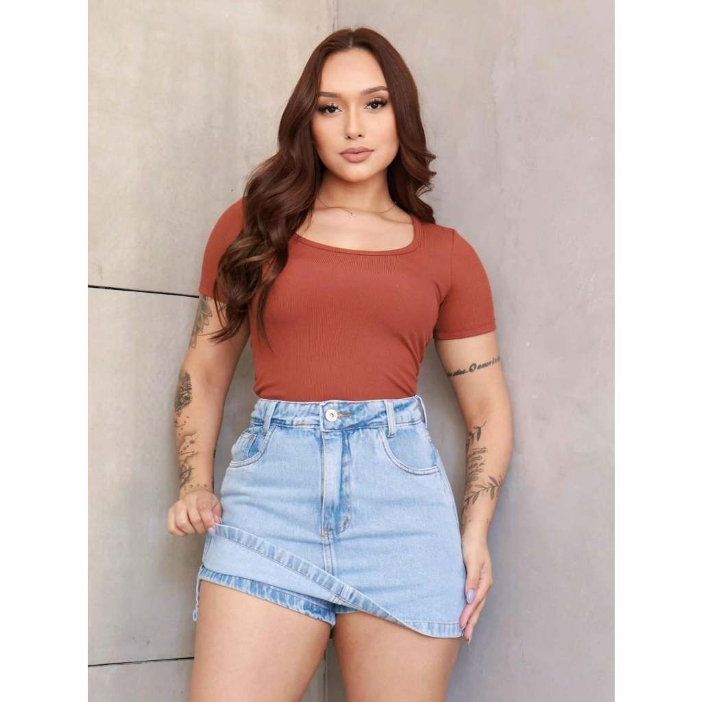 Short Saia Jeans Cintura Alta Recorte Lateral em Oferta na Shopee