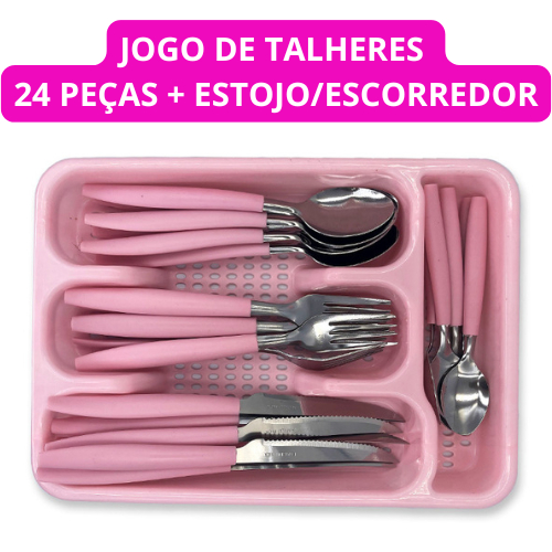 Jogo De Talheres Faqueiro Aço Inox Com Gaveteiro - Rosa: o portas talheres funciona como escorredor