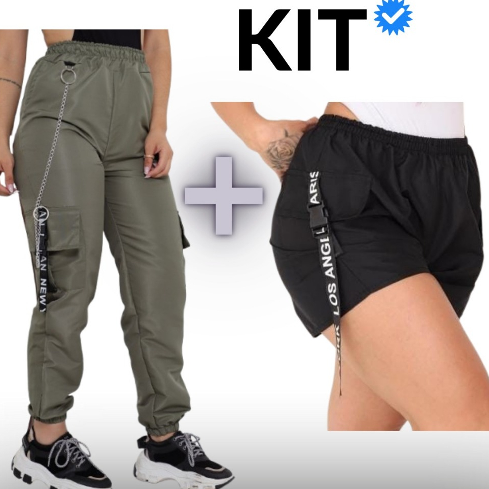 Kit Calça Feminina e Short Tactel Cargo Jogger Com Bolsos Laterais.