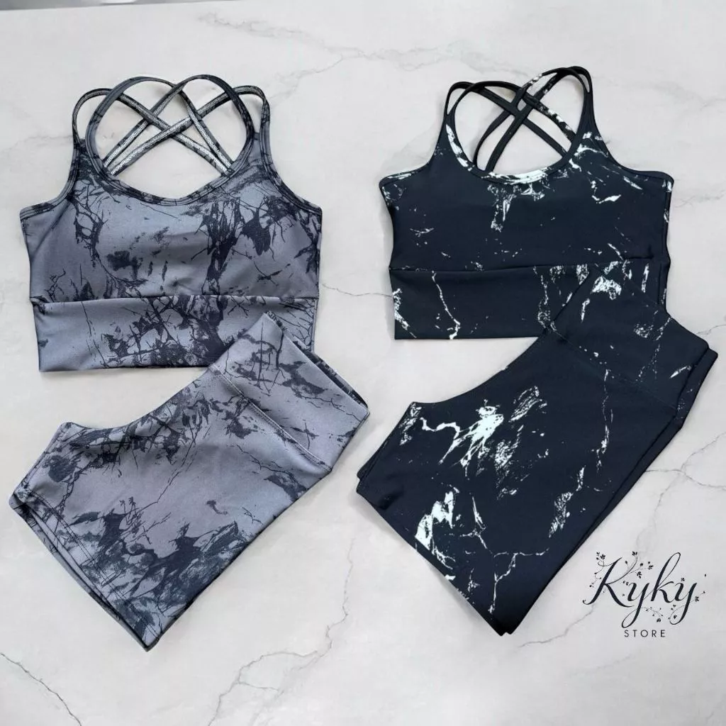 Kit 2 Conjuntos Top e Shorts Tie Dye Marmorizado Fitness Academia Dança Ciclismo Degrade Meia Coxa — imagem 1