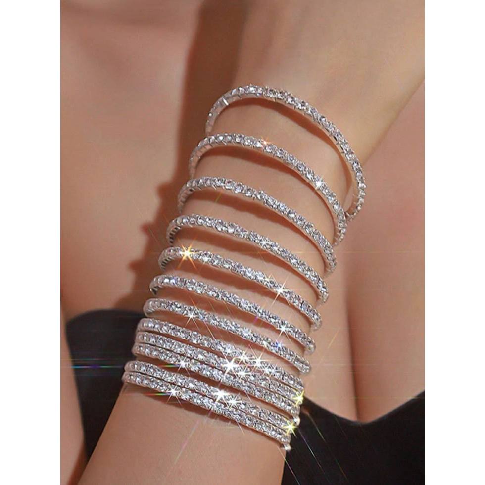 Kit 12 Pulseiras Brilhantes De Strass Glamour Prateada