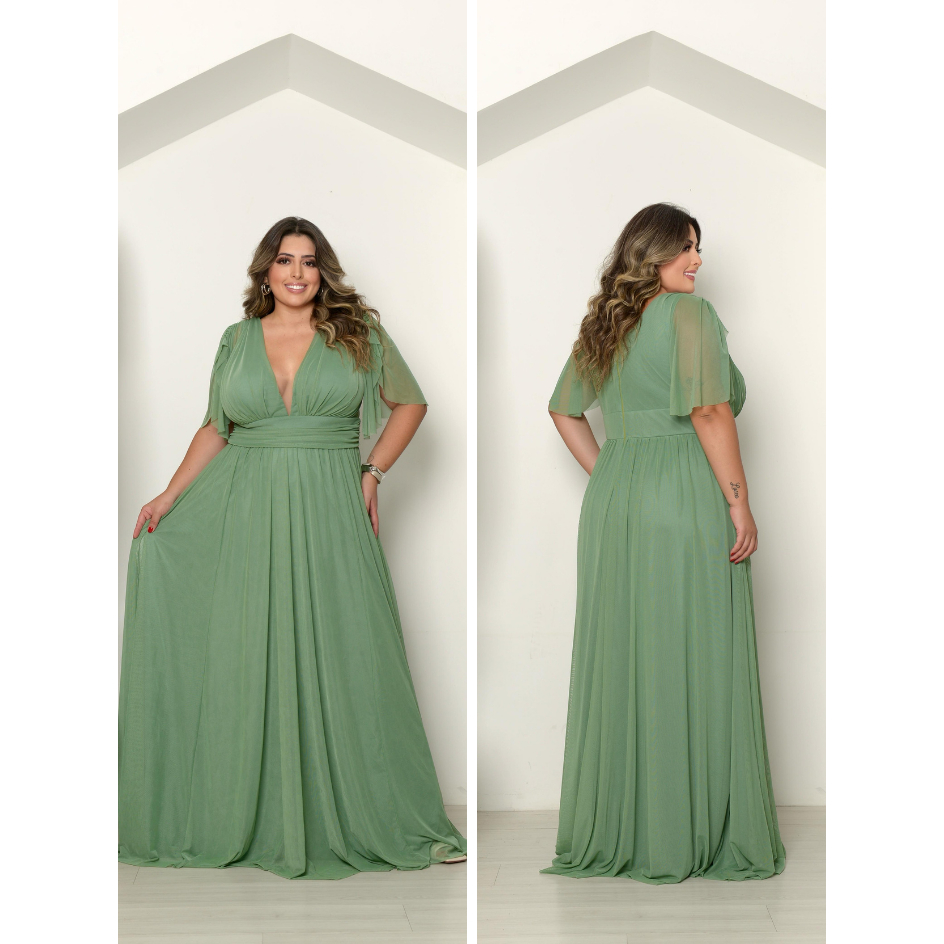 Vestido Elisa Tule Com Manga para Festas, Casamentos e Madrinhas Plus Size