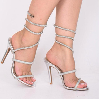 Sandália Feminina Espiral Social Com Strass e Amarração Salto 10 CM Preta, Prata, Branca e...