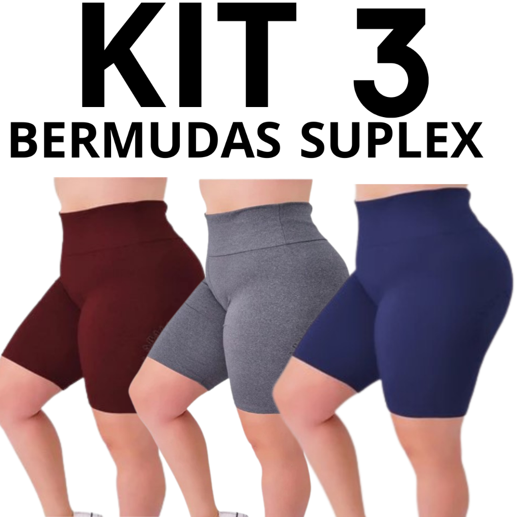 KIT 3 Bermudas Shorts Feminino Suplex Poliamida Academia Fitness Dia a Dia