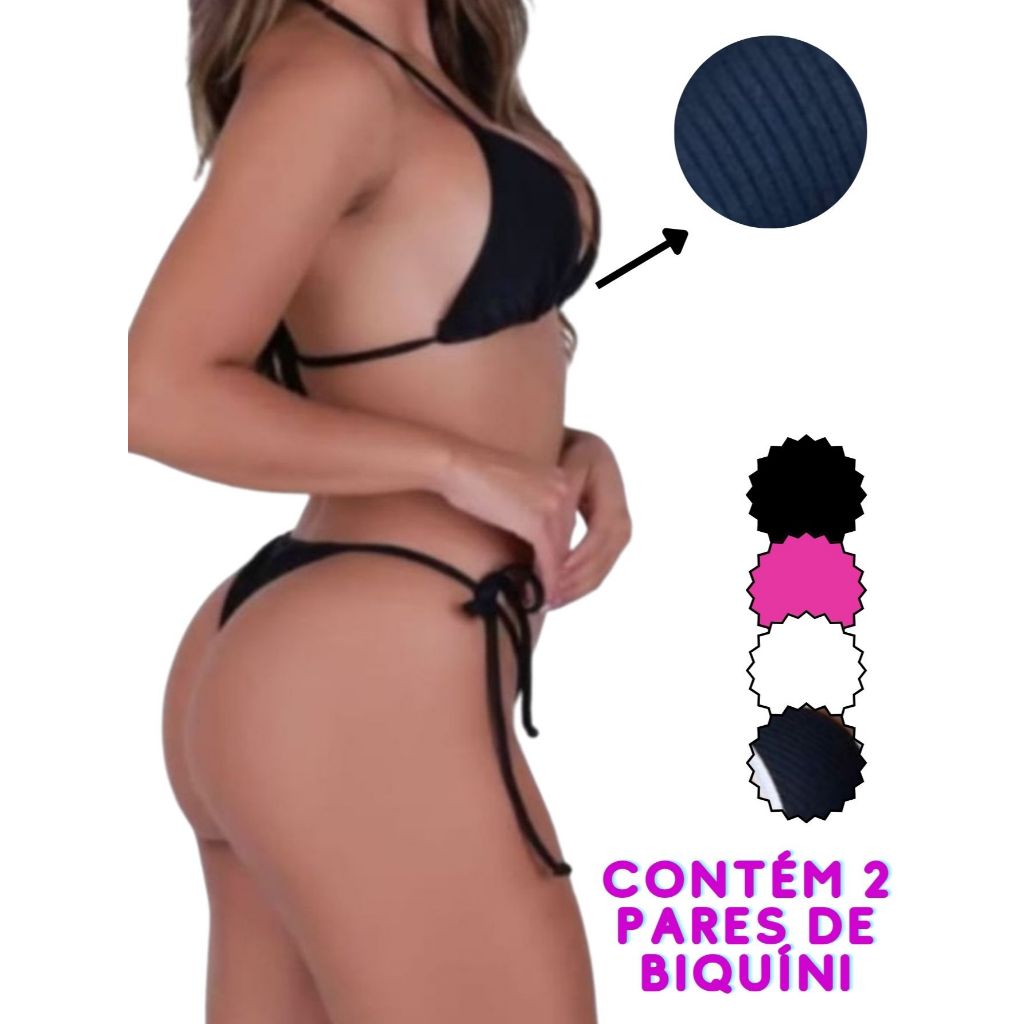 Kit 2 Biquinis Canelados Verão Amarrar 4 peças cortininha Top com bojo