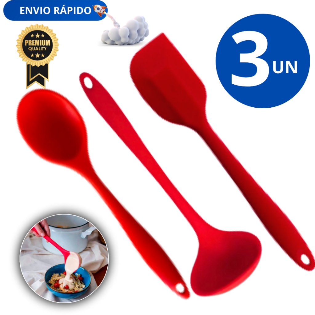 Conjunto 03 Linha Premium Concha 100% Silicone Colher Variáveis Utilidades Espátulas Pão duro Suporta até 230° Utilidade