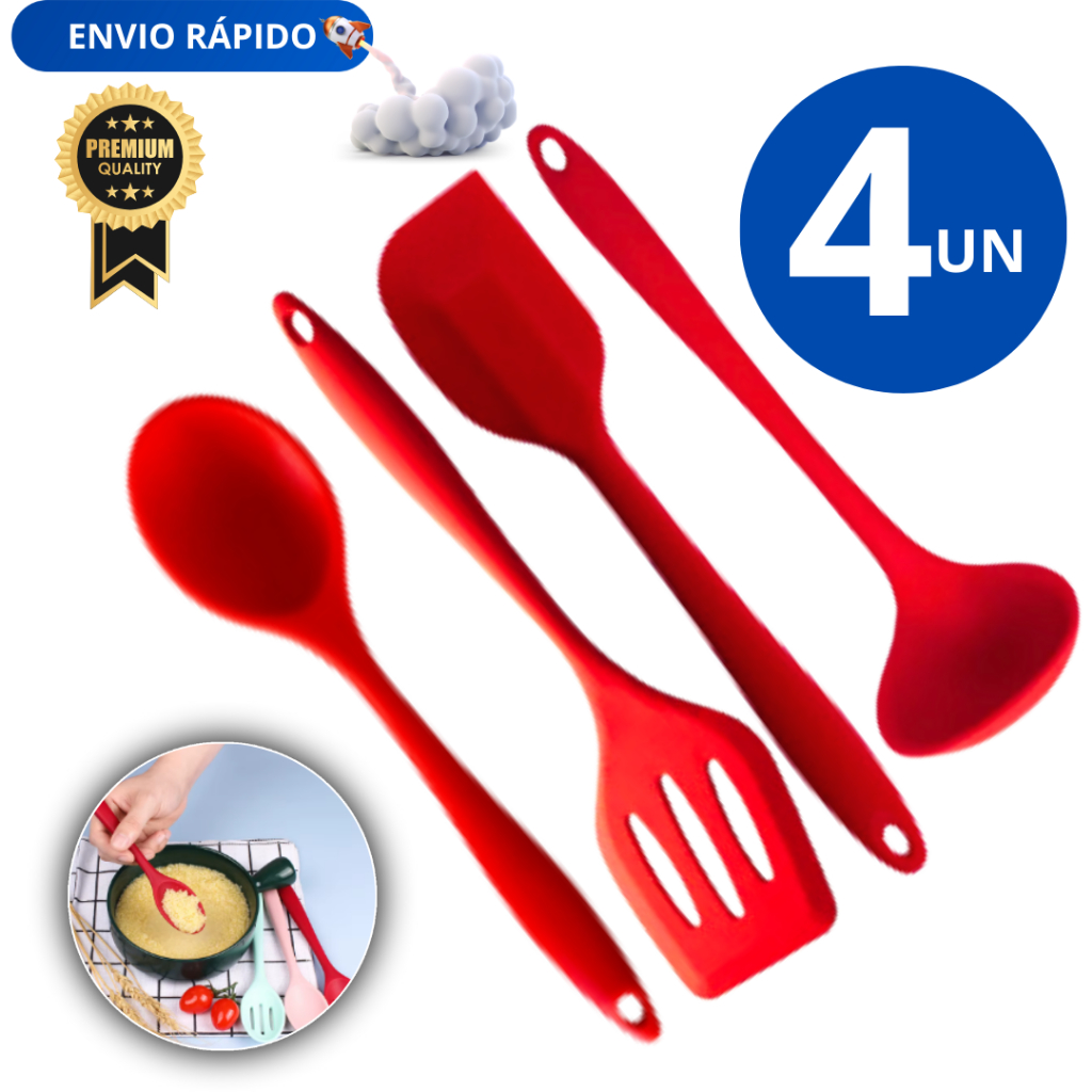 Kit 04 Utensílios de Silicone Espátula Pão duro Colher de Alta qualidade Concha Linha Premium Espátula Vazada Utilidade