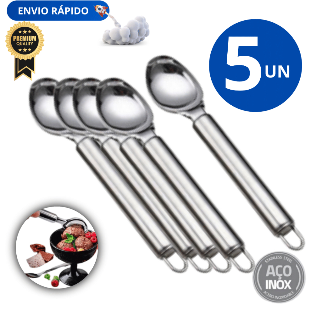 Jogo Conjunto Kit 5 Colher Pegador De Sorvete Açai Aço Inox Sorveteria Variáveis Utilidades Qualidade Garantida