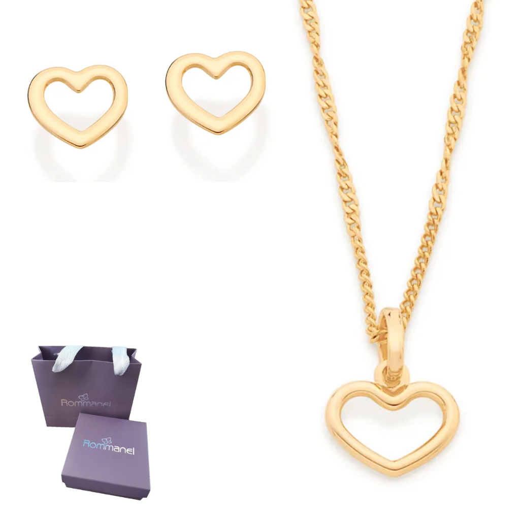 Presente Feminino Lindo kit Rommanel Colar + Brincos + Pingente Banhado A Ouro 18k Coração Vazado