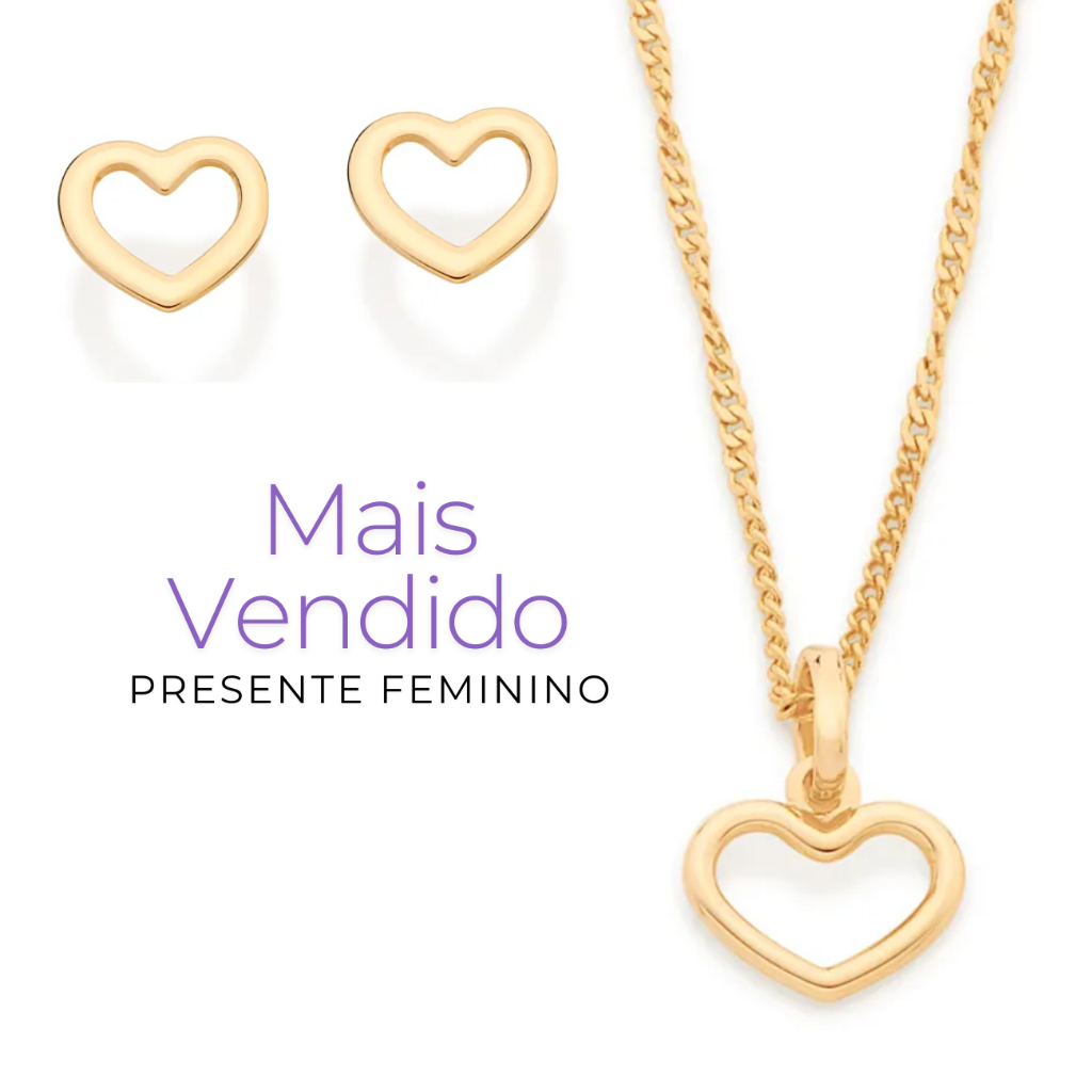 Kit Presente Feminino Rommanel Banhado A Ouro 18k Lindo Com Colar + Brincos E Pigente Coração Vazado — imagem 2 de 2