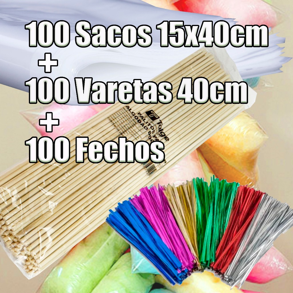 100 KIT PARA ALGODÃO DOCE - SACO 15X40CM + VARETA 40CM BAMBU + 100 FECHO METALIZADO em Oferta na Shopee