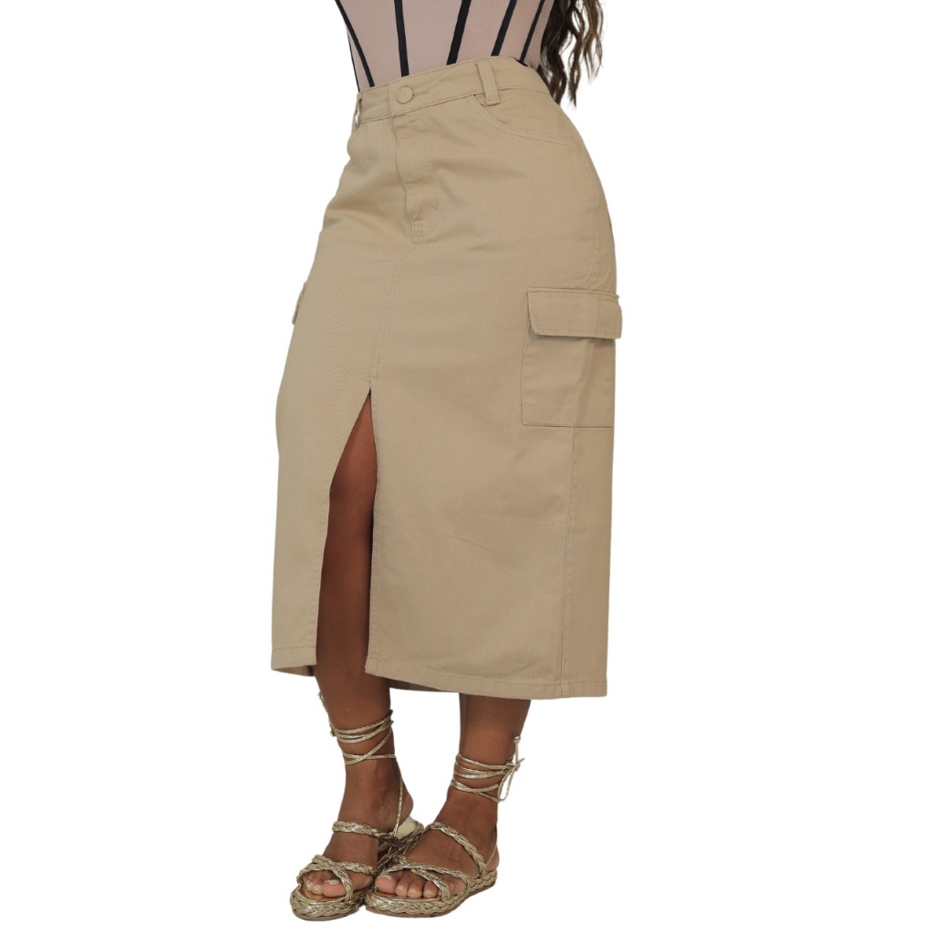 Saia Midi Cargo Jeans Feminina com Bolso Lateral em Oferta na Shopee