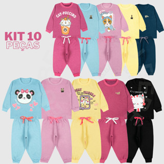 Kit 10 Peças Conjunto Infantil Sortido Inverno Menina Liso e Estampado Moletom 1 a 8 anos