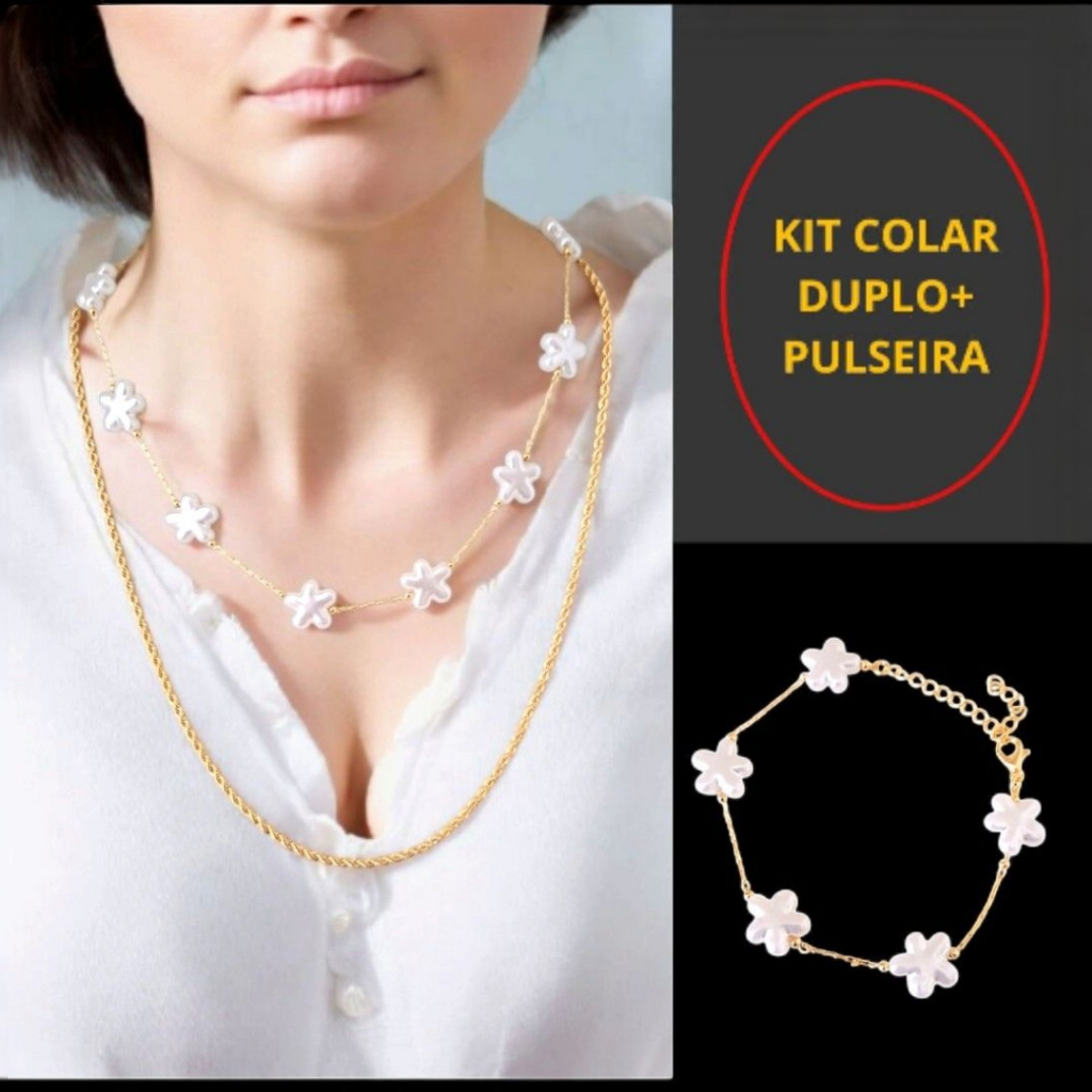 Kit Semijoia de Colar Duplo de Cordão Baiano e Pulseira com  Flores em Madrepérola Banho Ouro