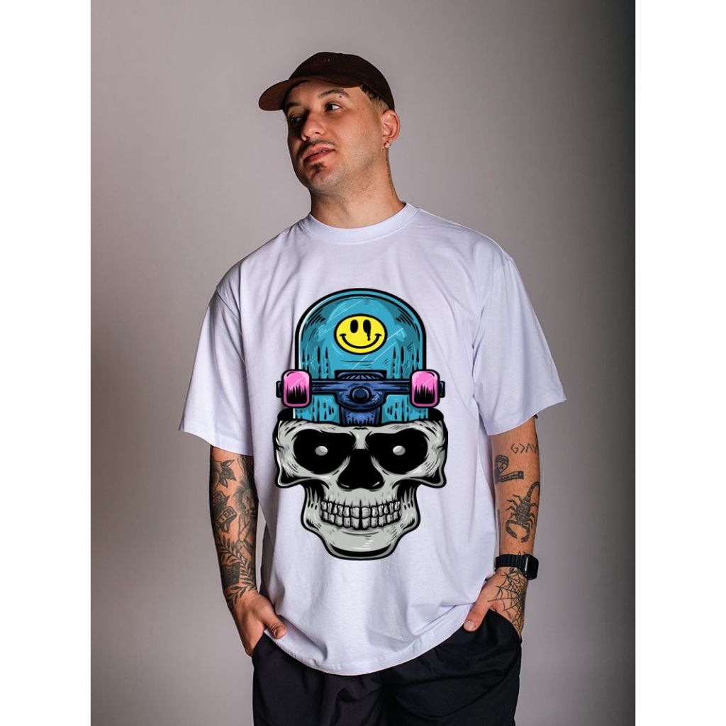 Camiseta Oversized CAVEIRA + SKATE moda masculina 100% algodão confortável e estilosa LANÇAMENTO