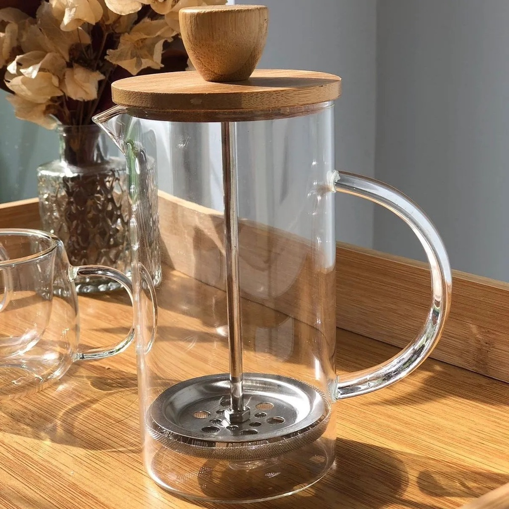 Cafeteira Prensa Francesa Vidro Borossilicato Tampa Bambu Café Chá Leite Espumoso Decorativa Luxo