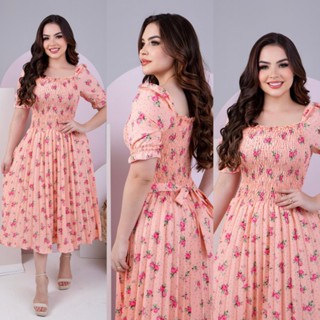 Vestido Midi plissado Manga Curta Bufante, cintura alta, Crepe estampado moda evangélica em Oferta na Shopee