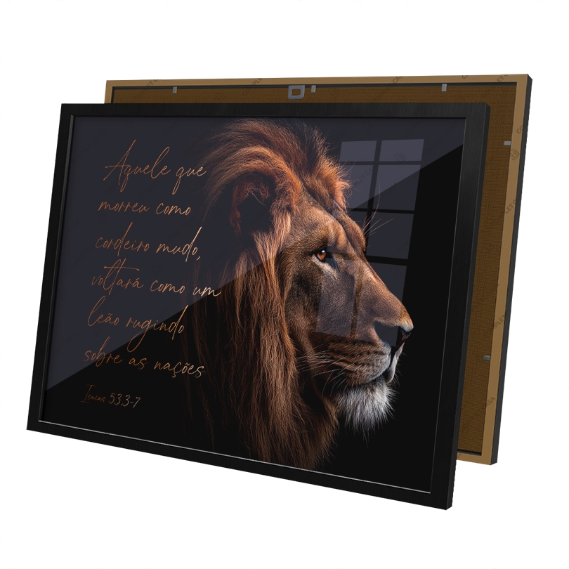Quadro Leão Motivacional Salmo Bíblia  Isaías 53.3-7 Moldura e Vidro
