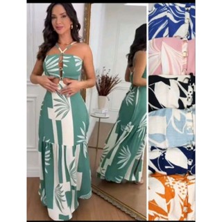 vestido longo feminino tecido duna coleção nova com bojo e argola na frente