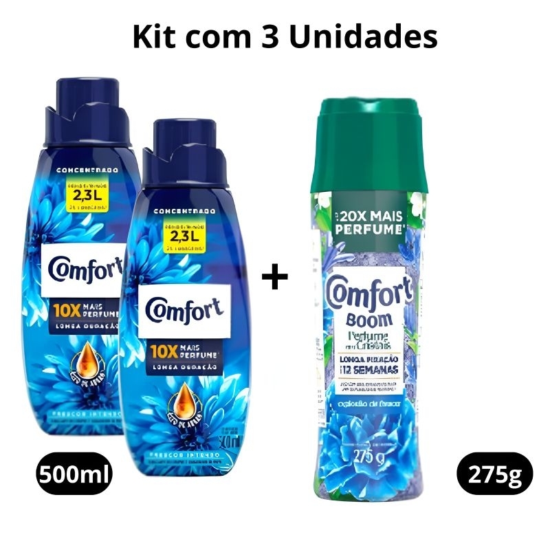kit 2 Amaciante Concentrado Comfort Frescor Intenso 500ml + 1 Comfort Boom Perfume em Cristais Explosão de Frescor 275 G